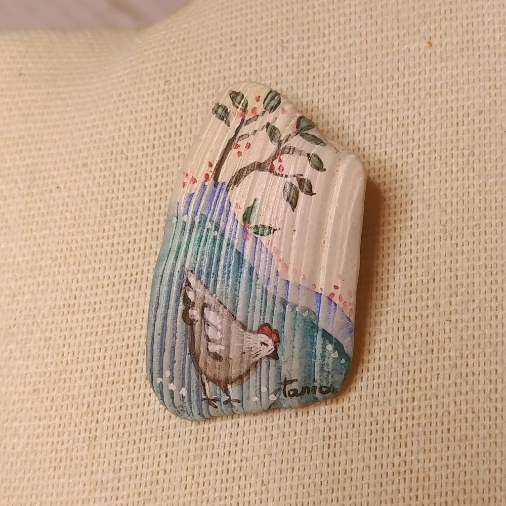 Hand Painted Hand Made Chicken Art Brooch on Stone